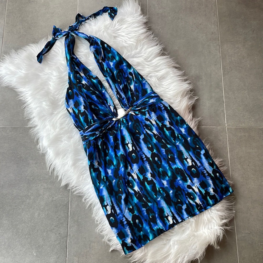 Bebe Blue Turquoise Leopard Halter Mini Dress. Zip up back. Size small